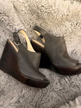 Coach Gray Leather Peep-Toe Slingback Wedge Sandals